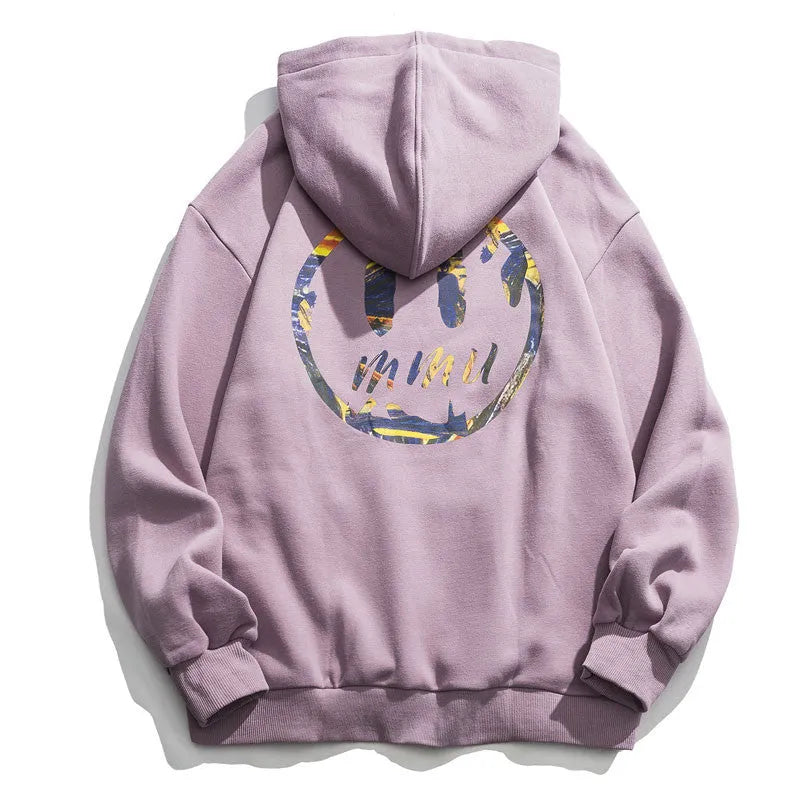 Purple men's long sleeve hooded sweatshirt made from 100% cotton with side slit pockets on display