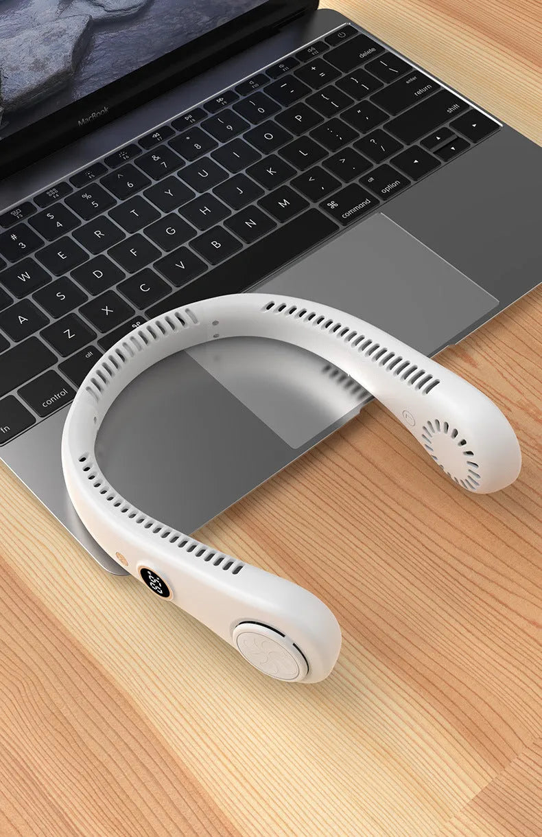 Blue USB rechargeable bladeless neck fan being worn, showing soft neckband and streamlined air outlets.