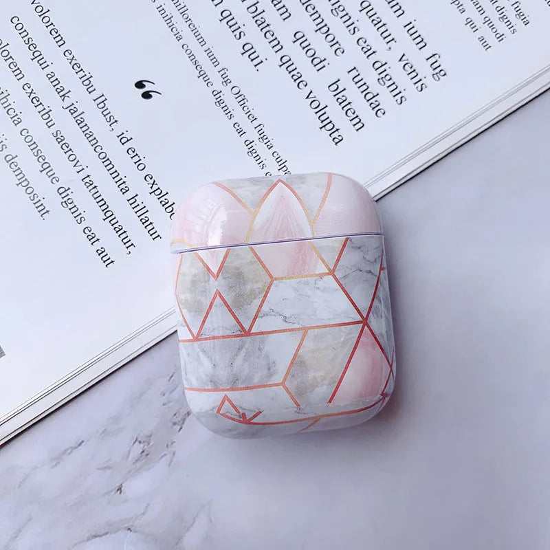 White marble hard PC protective case for AirPods 1 and 2 charging box.
