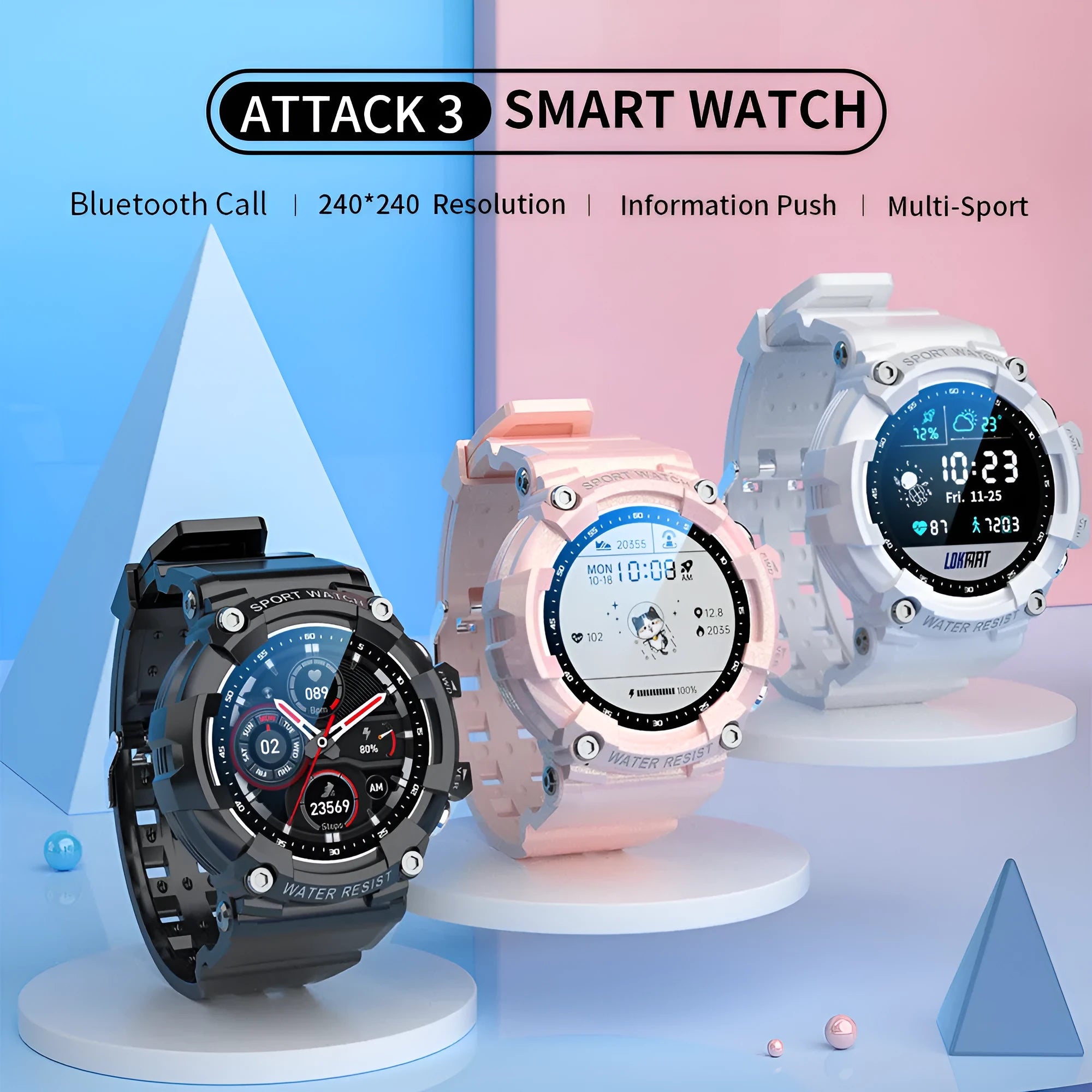 IP67 waterproof smart watch with round colour screen and black TPU strap