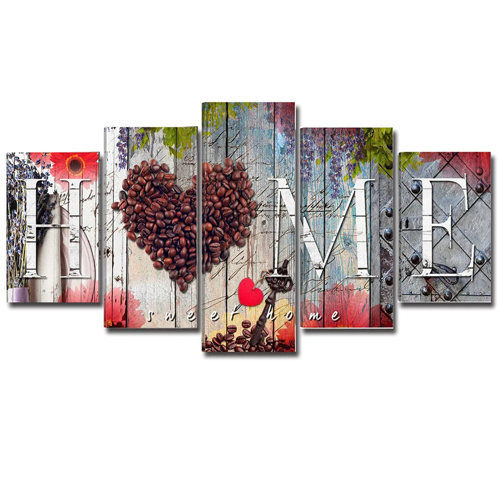 Set of five red oil painting canvases in different sizes for wall decoration