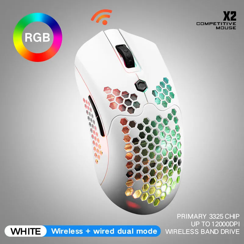 Free Wolf X2 wireless gaming mouse with RGB lighting in five colour choices on a desk