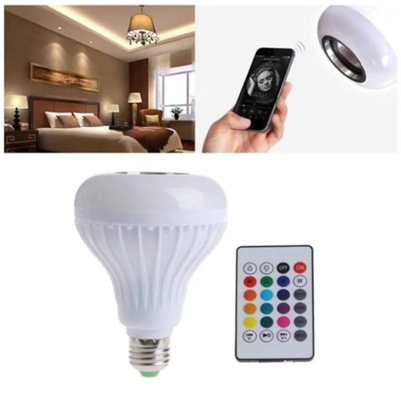 White Bluetooth speaker smart LED bulb with E27 base and remote control.