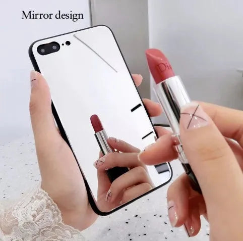 Black clear glass iPhone mirror phone case showing reflective surface and iPhone compatibility
