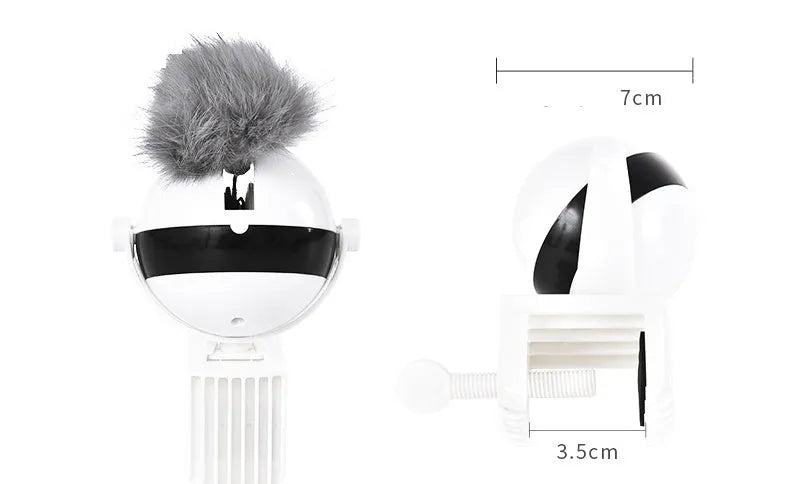 Electric funny cat toy with white ABS body, 7cm diameter ball, and real fur ball and rope accessories