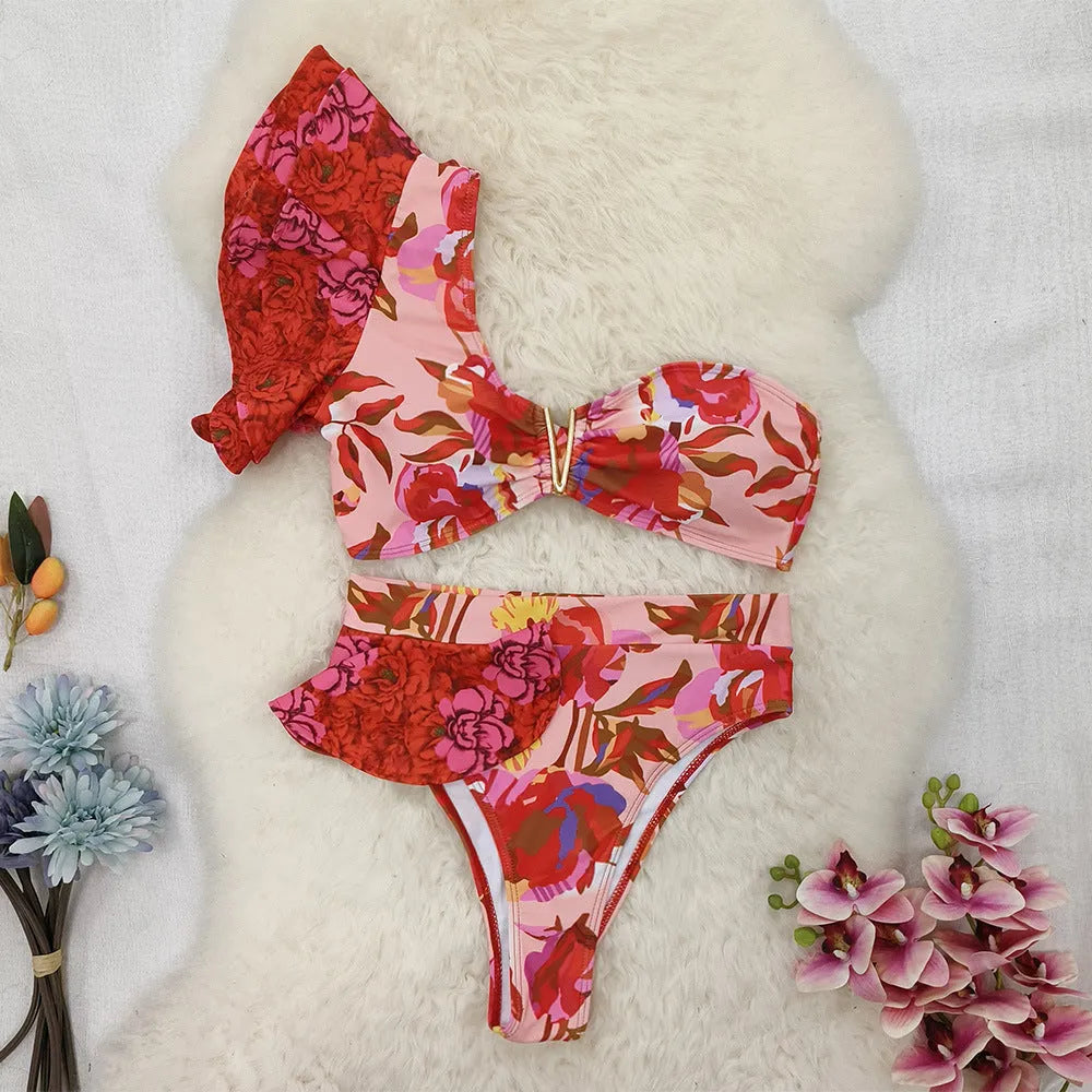 Women's pink floral print one-shoulder ruffled bikini with high-waist briefs