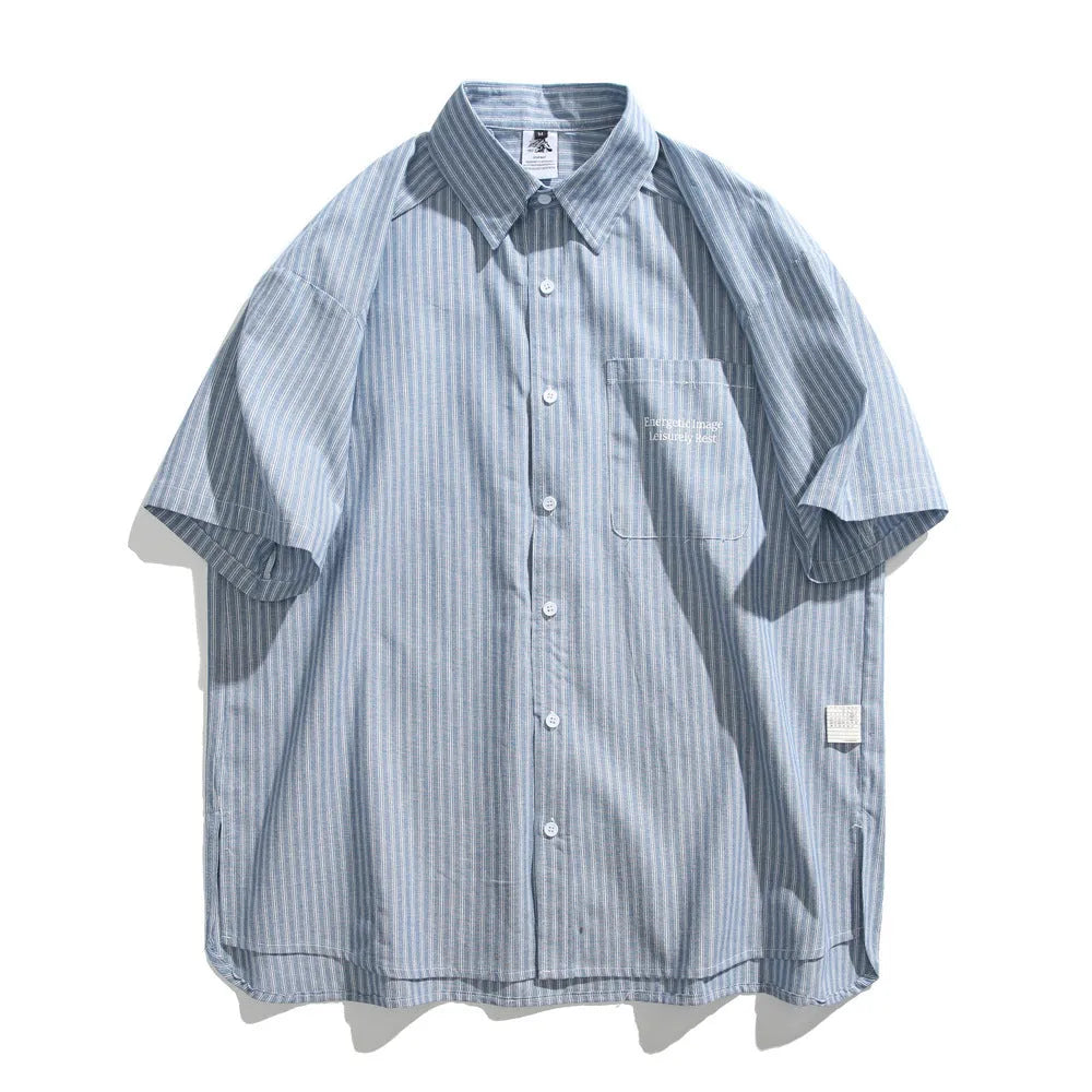 Blue striped loose fit overalls shirt with short sleeves on hanger