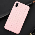 Luxury grid weaving phone case in black showing hollow cooling pattern and raised screen protection lips