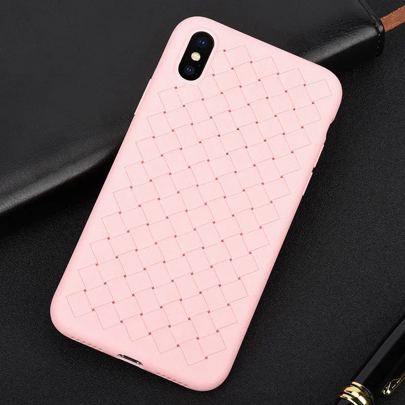 Luxury grid weaving phone case in black showing hollow cooling pattern and raised screen protection lips