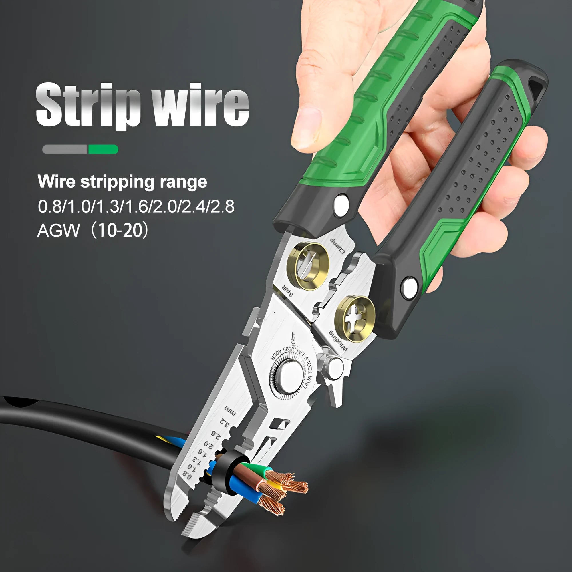 Stainless steel 7-in-1 wire stripper and fibre optic crimping tool with two-colour ABS handle.