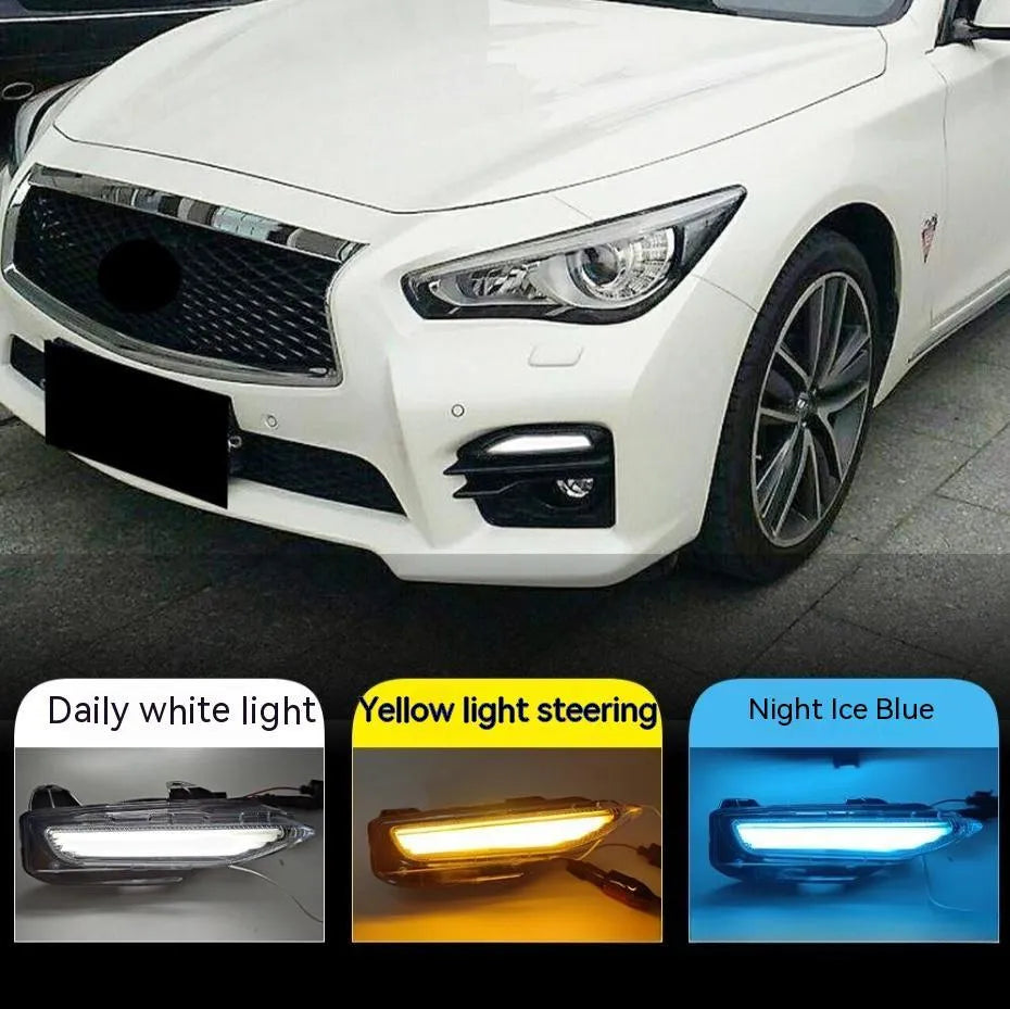 Infiniti Q50 Q70 front bumper LED daytime running lamp with streamer light effect.