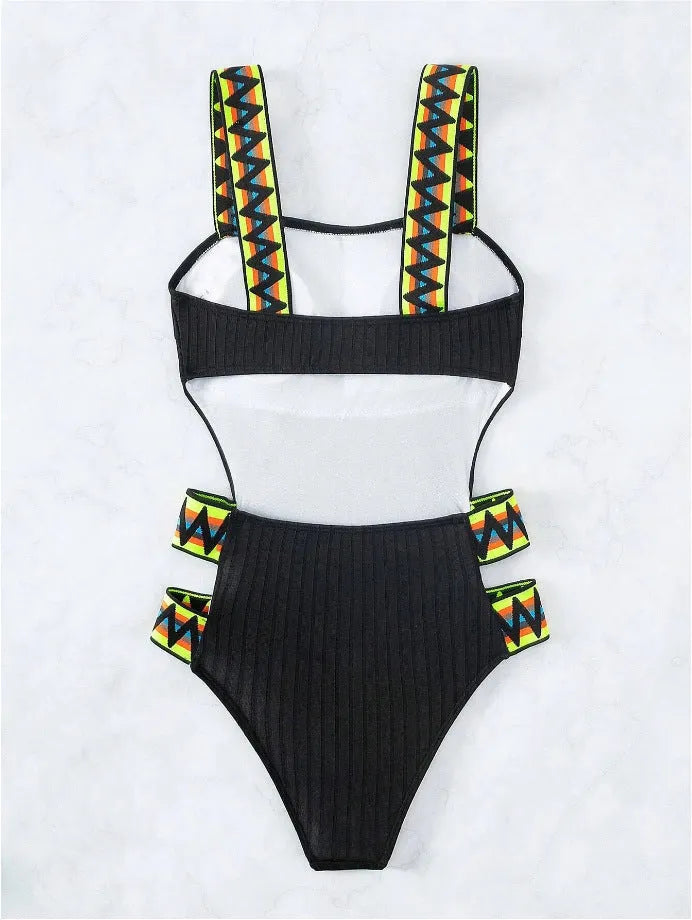 Solid colour women's one-piece bikini swimsuit in black or orange.