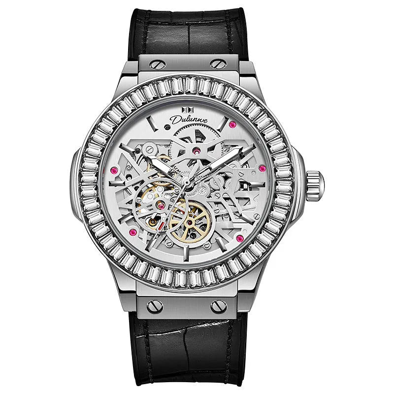 Men's automatic mechanical watch with diamond studding and hollow movement design on wrist