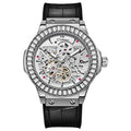 Men's automatic mechanical watch with diamond studding and hollow movement design on wrist