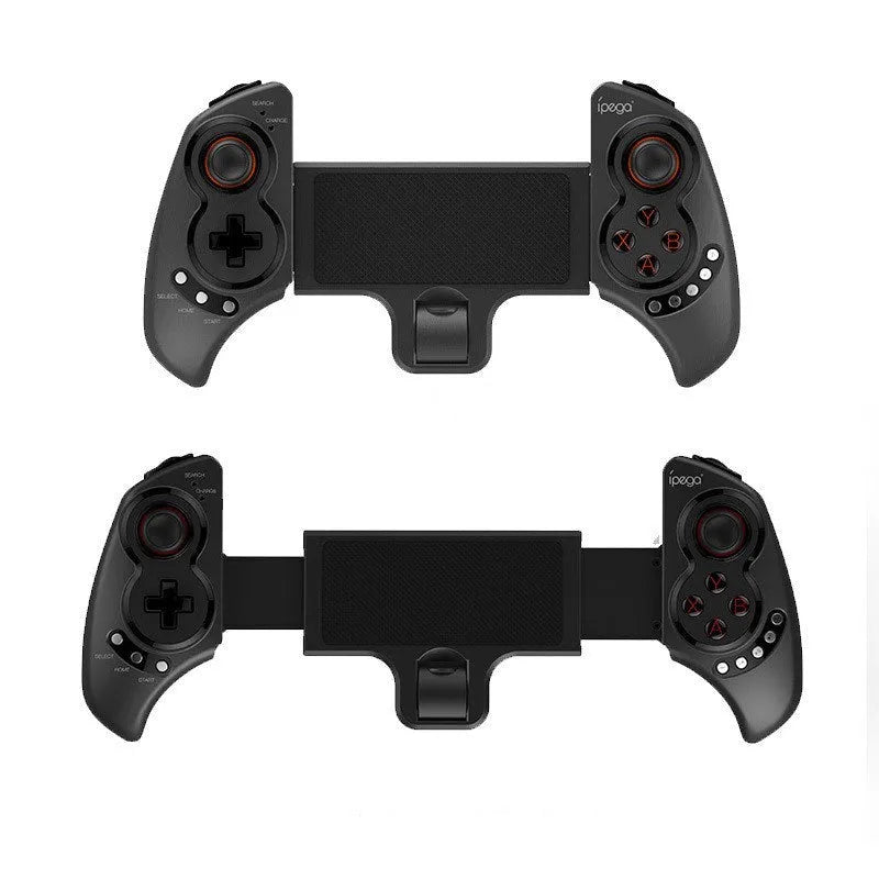 Wireless telescopic gamepad controller extended with mobile phone showing Apple iOS and Android compatibility