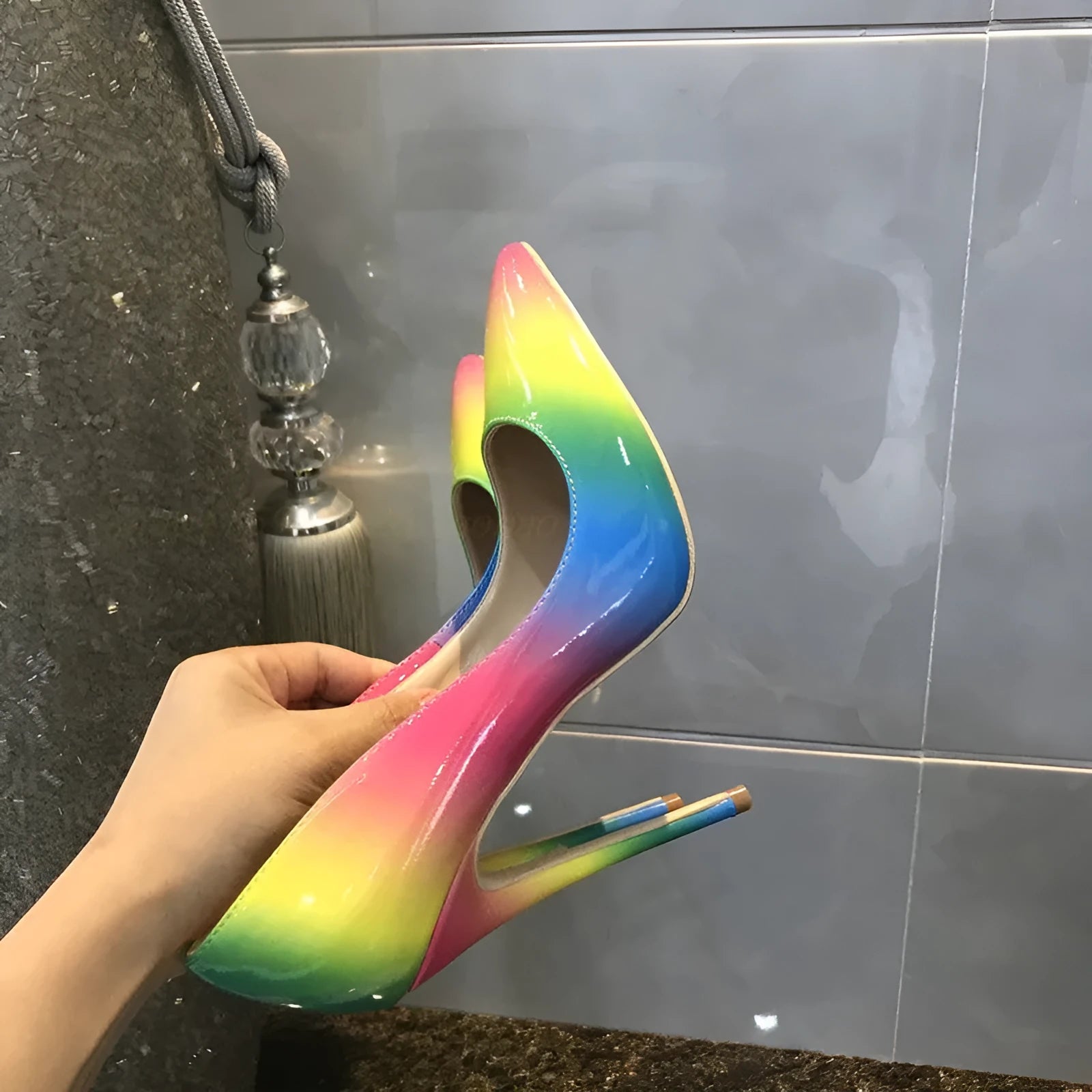 Rainbow patent leather women's high heels with thin ultra-high heel and pointed toe