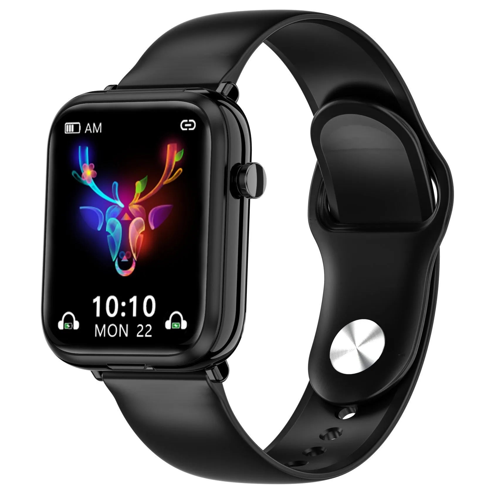 Black all-touch smartwatch with zinc alloy body and integrated Bluetooth earpieces on a wrist