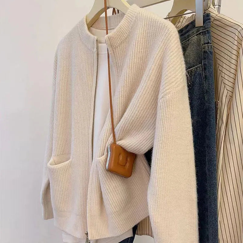 Beige viscose fibre cardigan coat with long sleeves and temperature-sensitive fabric