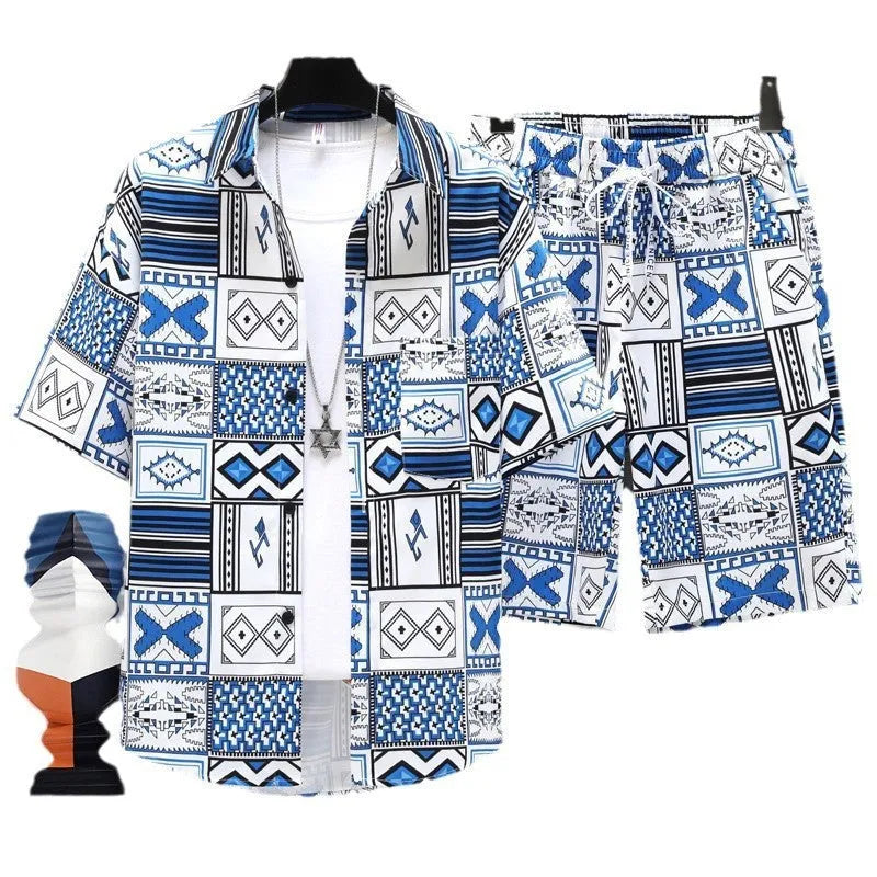 Men's casual sports two-piece set with short sleeve top and matching shorts in polyester fibre