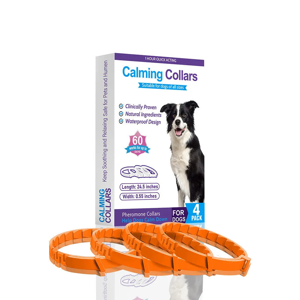 Four dog anxiety relief collars in different colours with Chinese-style patterns and adjustable clasps