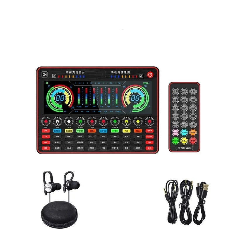 G4 professional sound card mixer with LCD display, microphone, remote control, and audio cables
