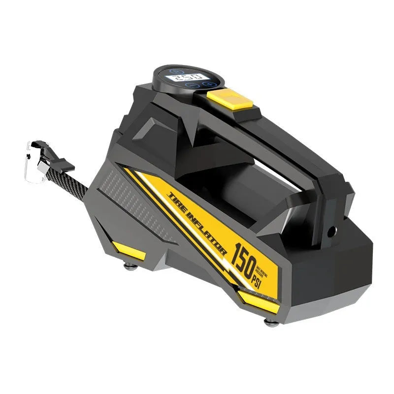 Black vehicle tyre inflator with digital display and 12V power cable