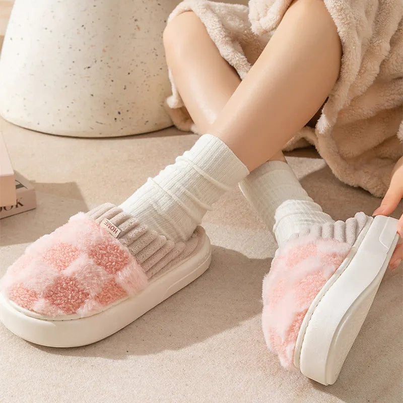 Women's plaid plush slippers in grey with a thick coral velvet upper and textured PVC sole.