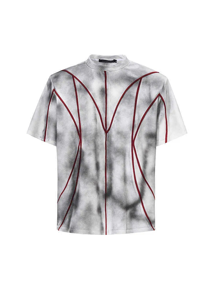 Short sleeve T-shirt with padded shoulders and textured line patchwork on a round neck.