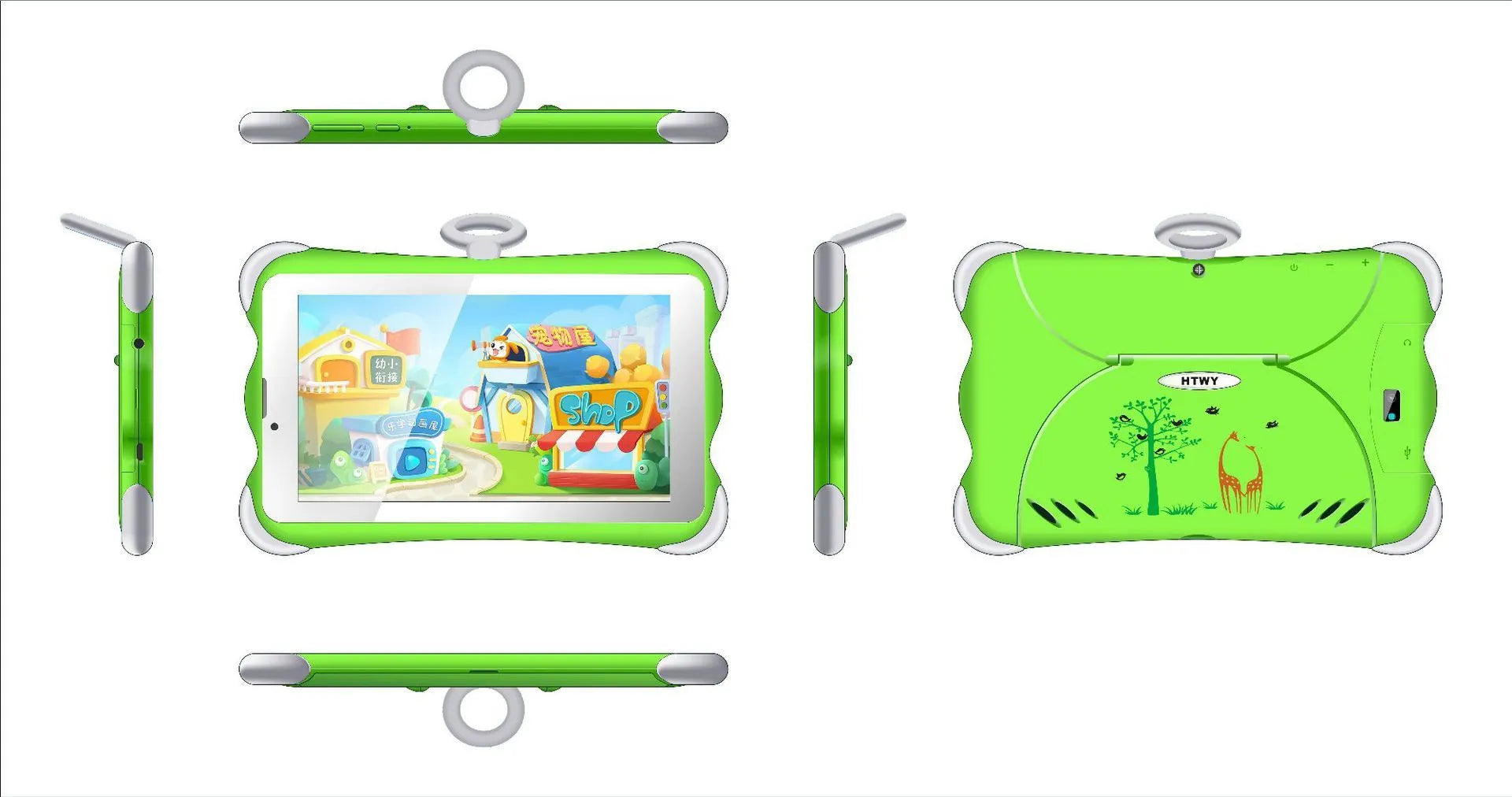 7-inch children's learning tablet in cartoon colours with stand, showing 3G calling and Bluetooth features