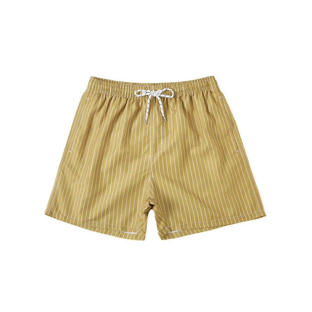 Polyester fibre striped swim shorts in navy blue, grey, khaki, or light blue with straight leg cut