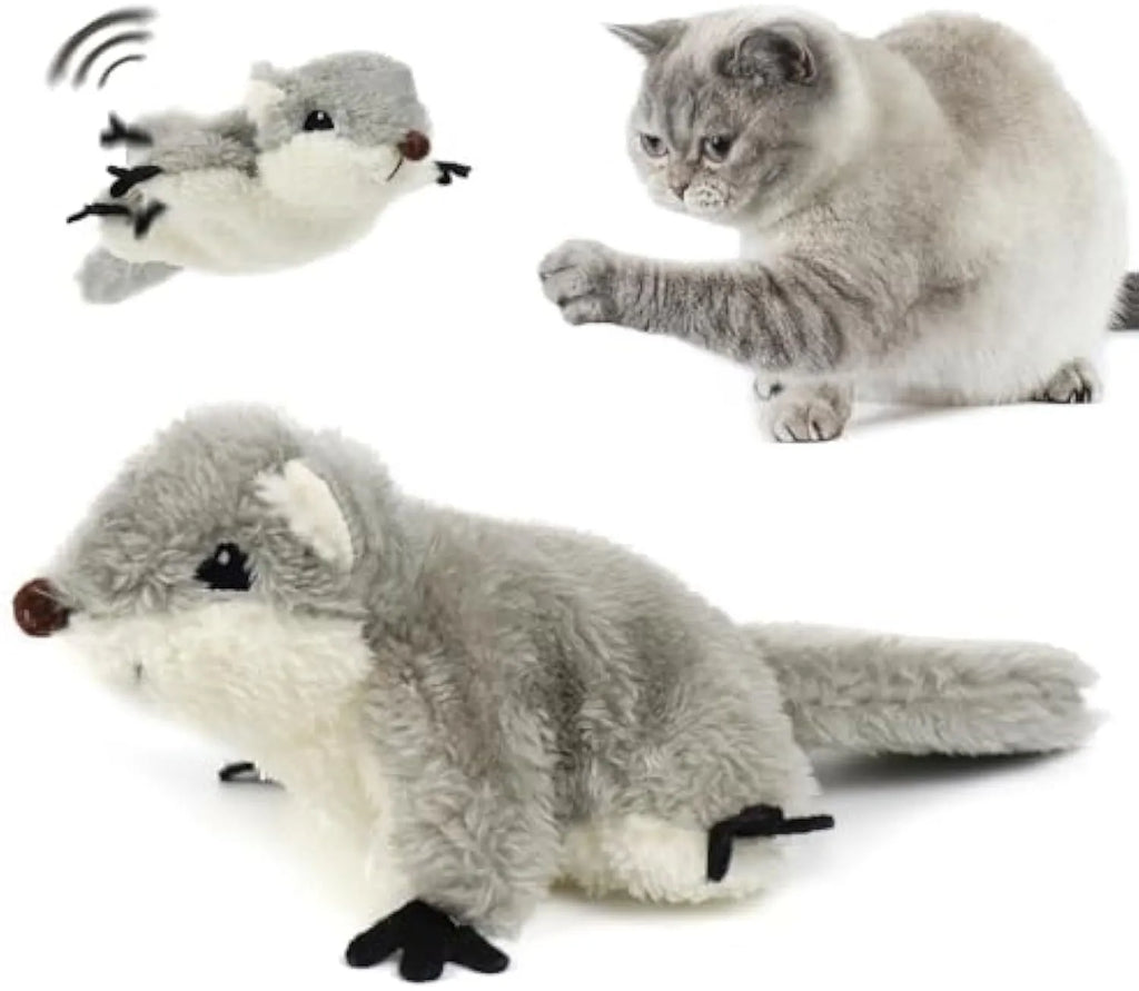 Grey plush flapping squirrel cat toy with USB charging port