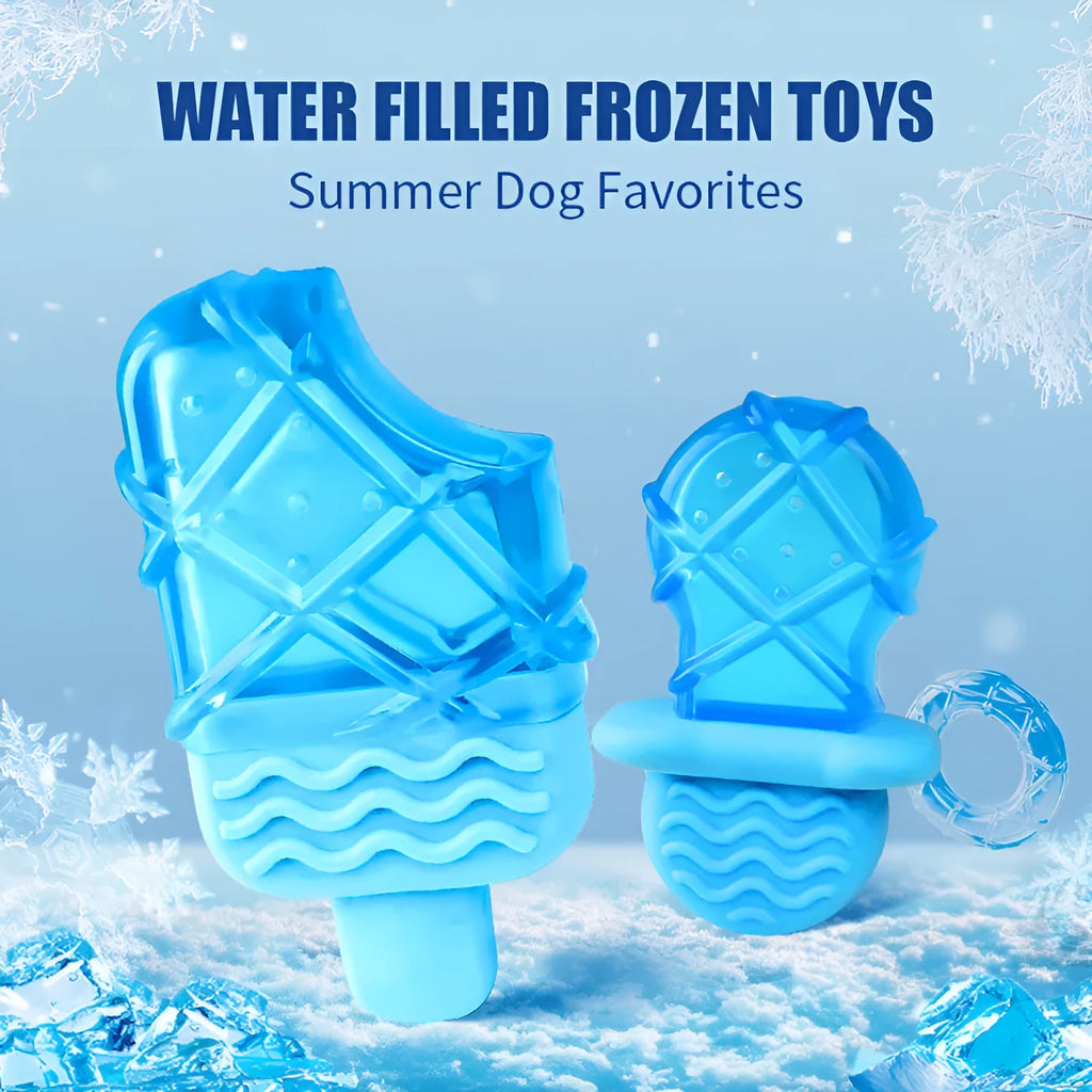 Dog cooling toy set with water-filled ice sticks and three teething toy shapes: pacifier, popsicle, and ring
