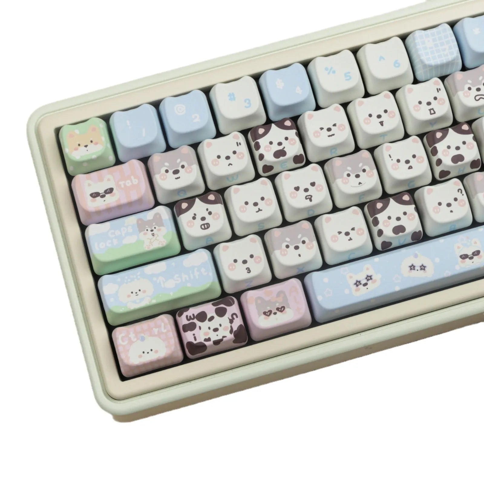PBT sublimation key cap set showing colourful puppy and cat artwork on mechanical keyboard keys
