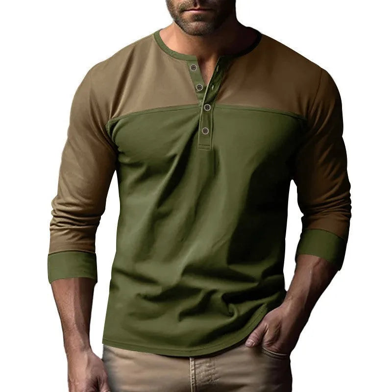 Men's long-sleeve Henry collar T-shirt in solid colour beaded twill fabric