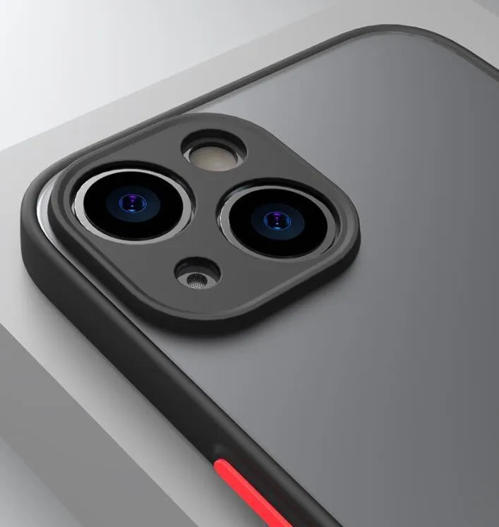 Black frosted hard iPhone case with fine hole cutouts for camera and ports on a dark background.