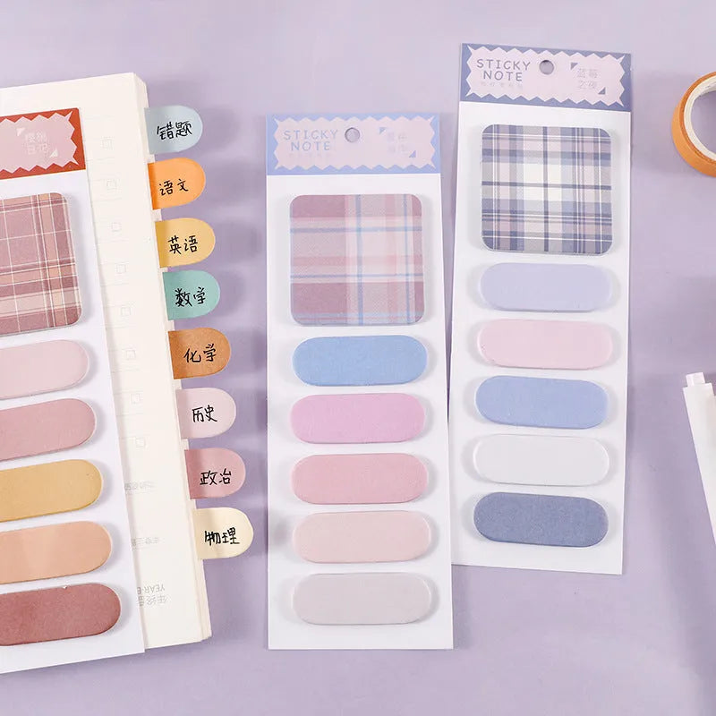 Colourful sticky note memo pad with six designs showing Spring Garden, Twilight Coast, and Blueberry Night colour options