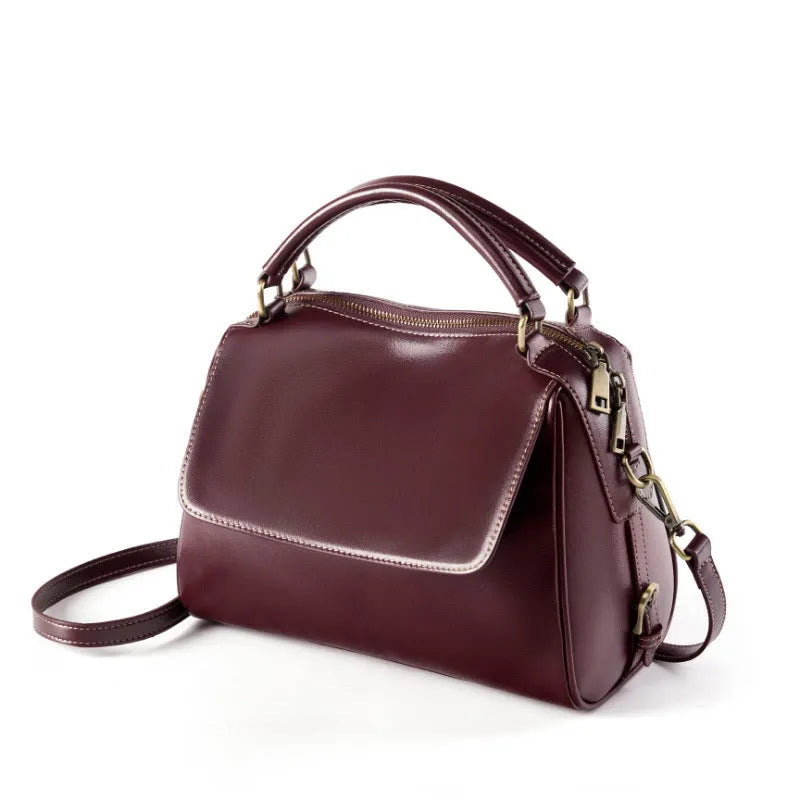 Genuine leather women's crossbody tote bag in cross square shape with double shoulder straps and multiple internal compartments