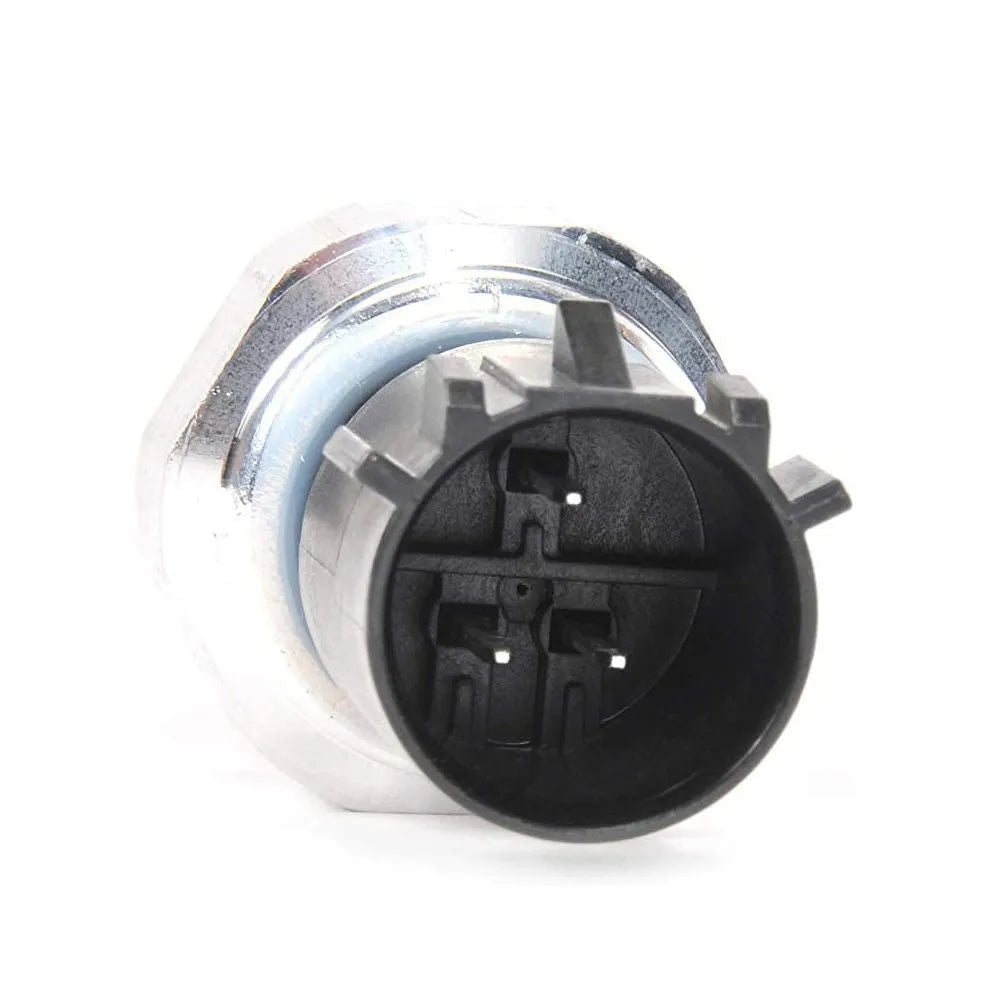 Silver automobile fuel pressure sensor with electrical connector.