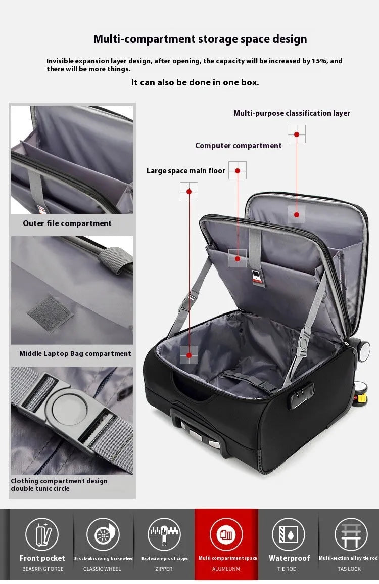 Black waterproof Oxford cloth business travel suitcase with universal wheels, 18-inch carry-on size
