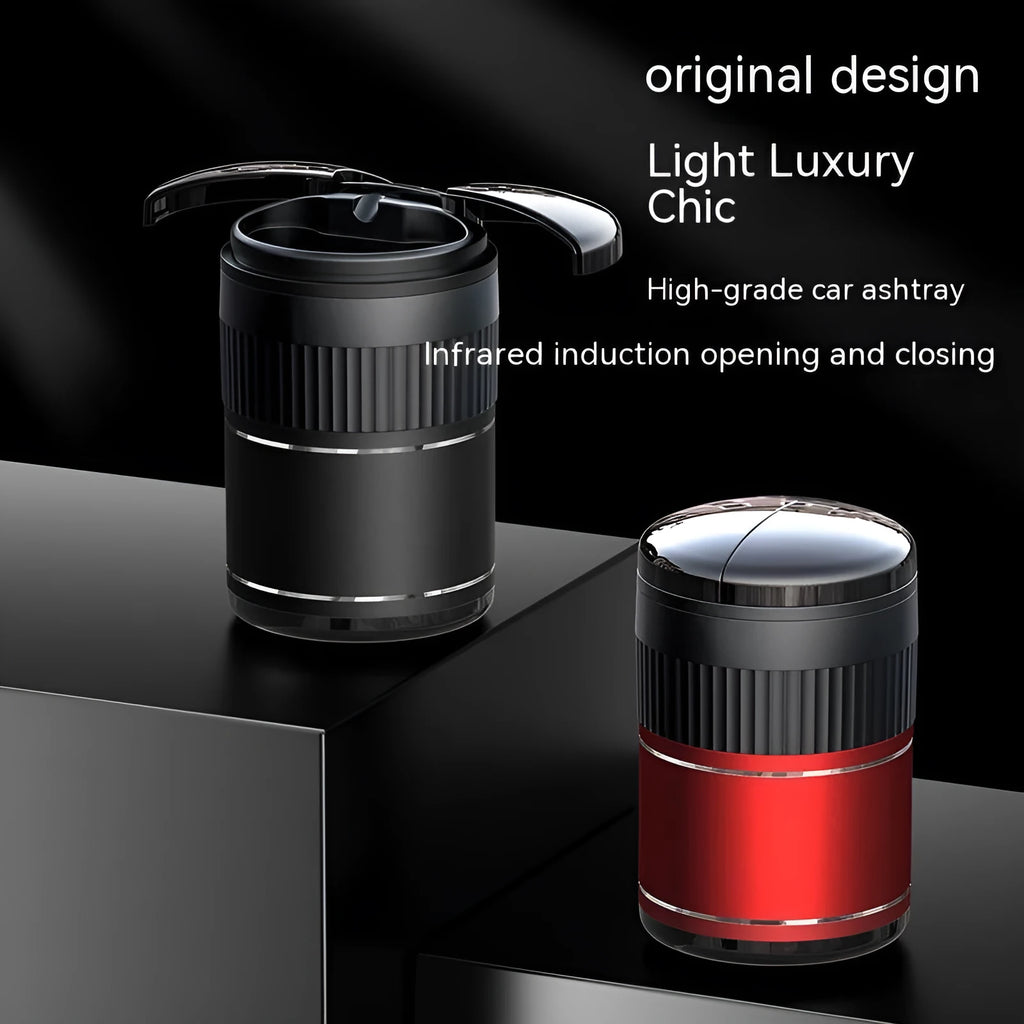 Compact metal automatic car ashtray with sensor lid in black, red, silver, or green