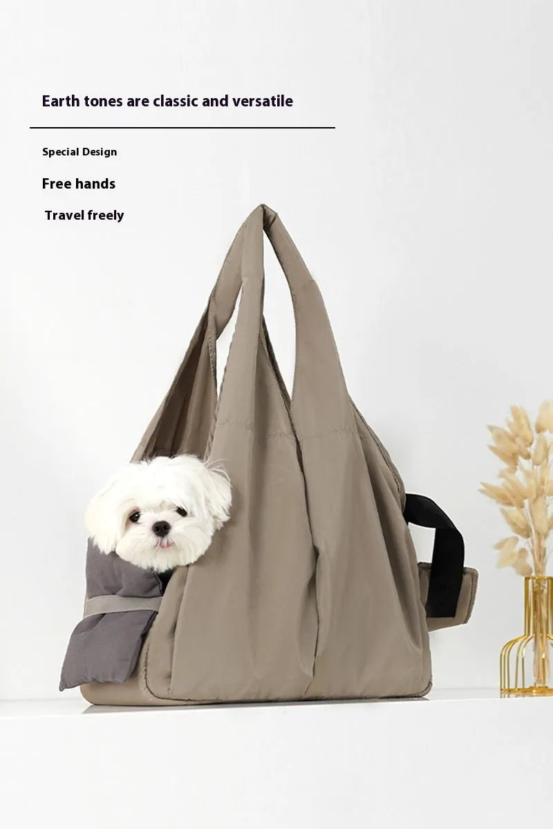 Apricot colour cloth pet carrier handbag with dimensions 41 cm long by 16 cm wide by 28 cm high
