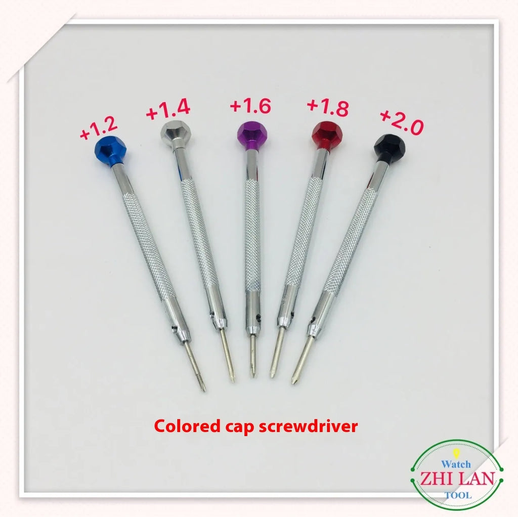 Six colour-coded screwdrivers with aluminium handles for watch repair work