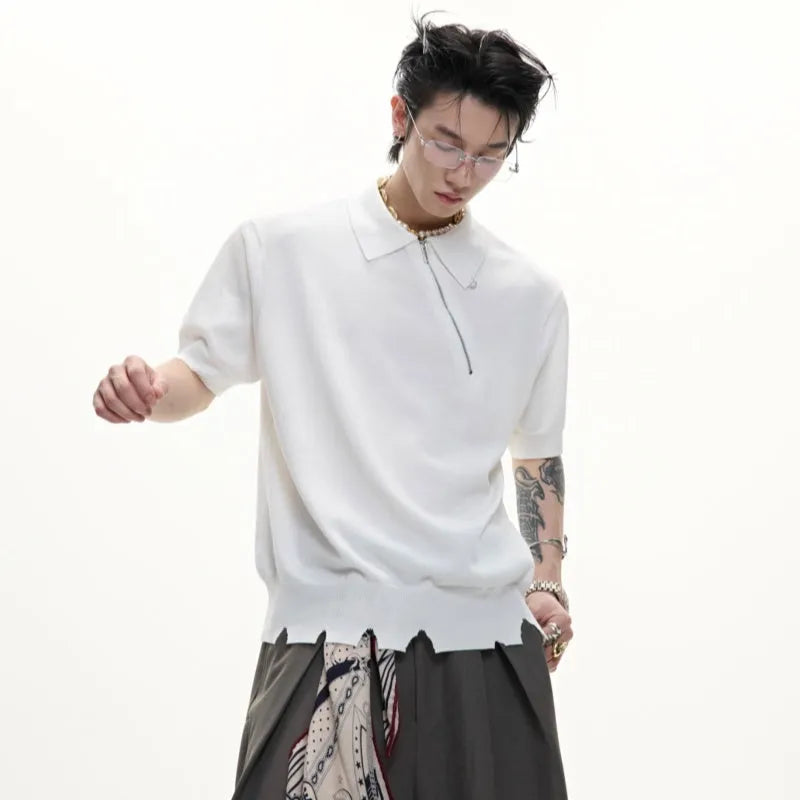 Men's slim-fit knitted polo shirt with an oblique zip in black, grey, or white.