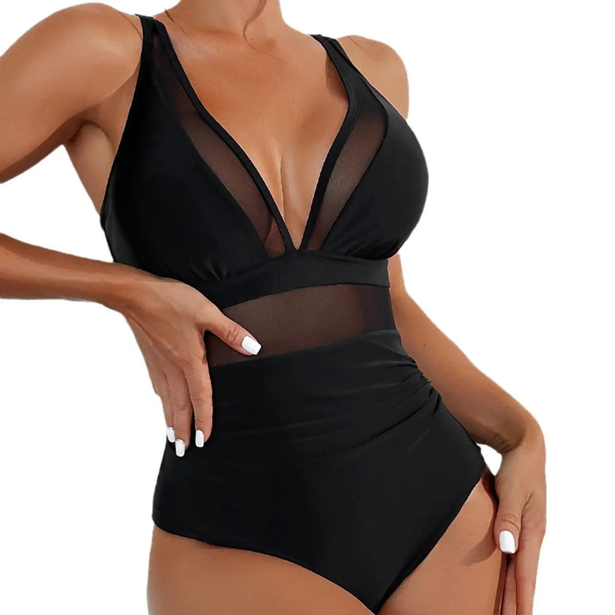 Black women's one-piece swimsuit with mesh halter neckline and briefs style bottom.