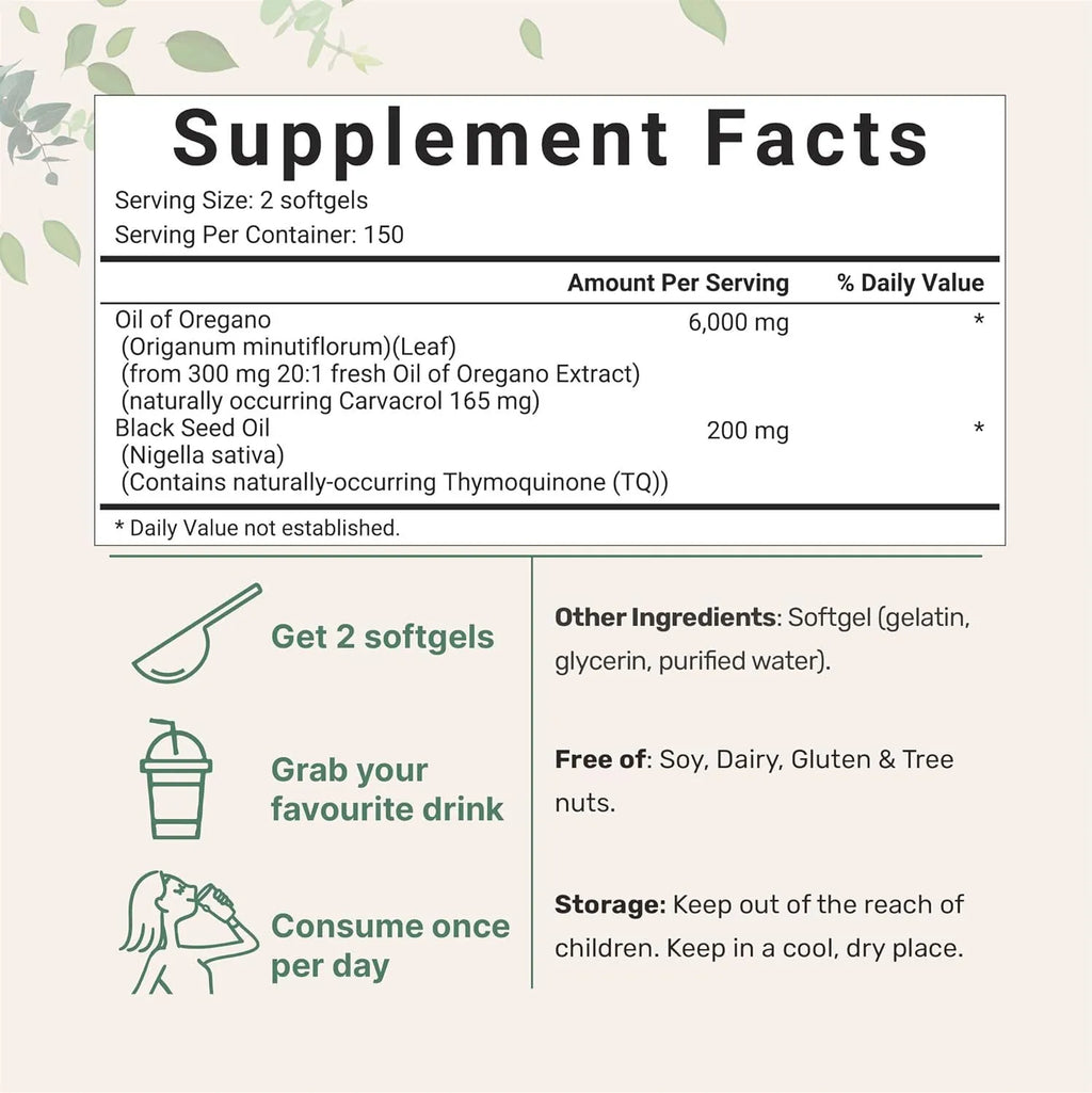 Butter-flavoured black seed oil softgel capsules bottle, 180 or 300 count options.