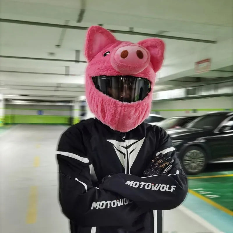 Pink pig cartoon patterned plush protective hood for motorcycle helmets in soft pv velvet cloth