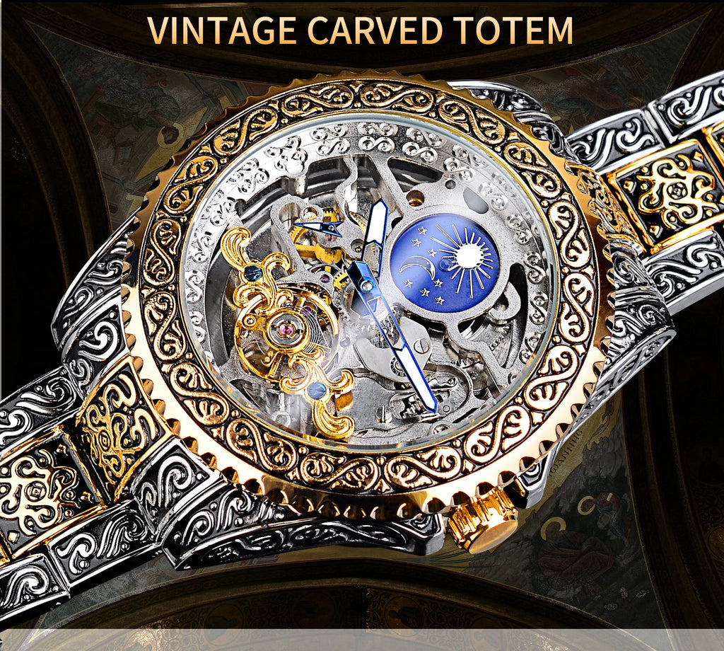 Forsining skeleton tourbillon mechanical watch with yellow gold stainless steel case and visible movement