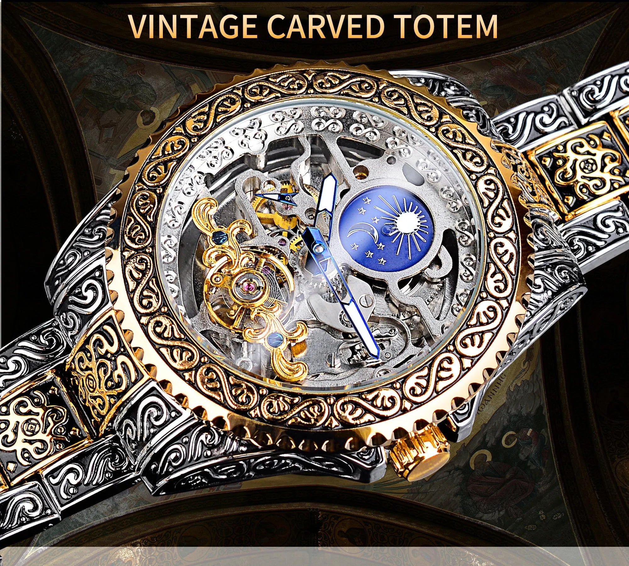 Forsining skeleton tourbillon mechanical watch with yellow gold stainless steel case and visible movement