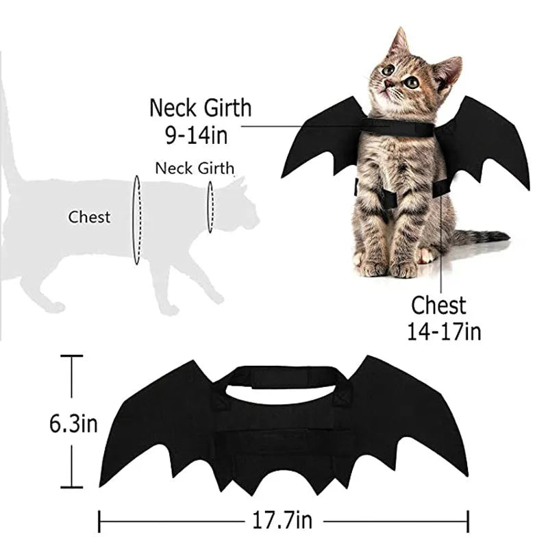 Black felt bat wings for a cat with adjustable Velcro straps, Halloween pet accessory