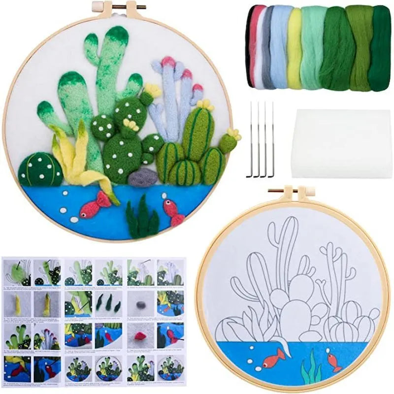 Wool felt embroidery kit with linen fabric, embroidery frame, and floral pattern for three-dimensional blanket painting